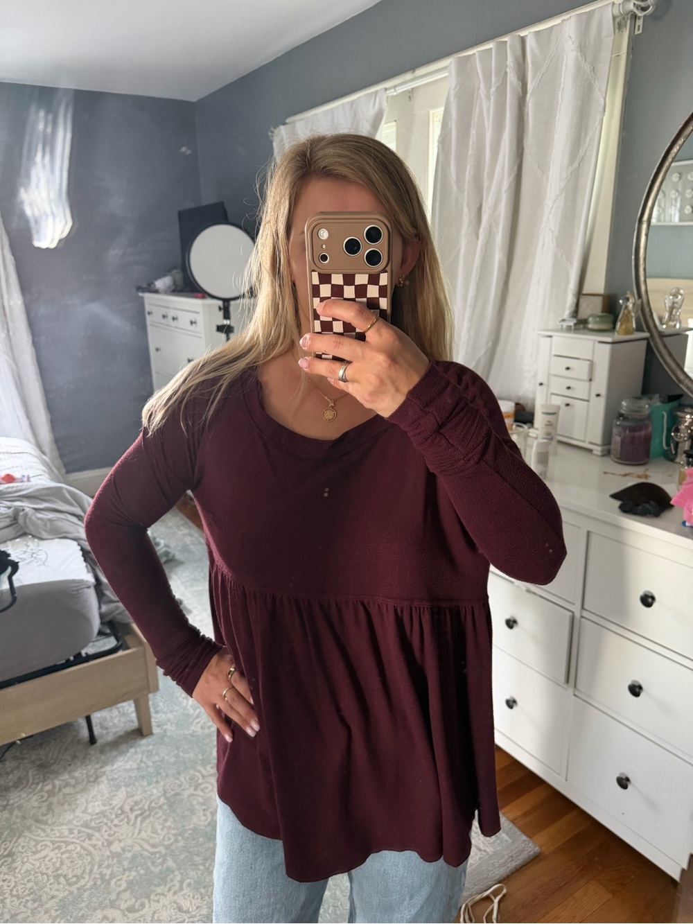 Free People Long Sleeve Babydoll Top in Deep Burgundy